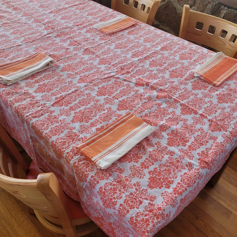 78x60 Nicole Miller Orange Floral Tablecloth 4 Cloth Striped Napkins Spring